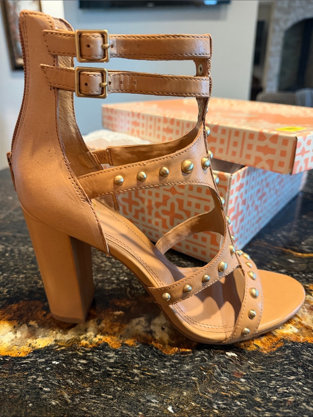 Gianni Bini Tan Studded Strappy Block Heel Sandals